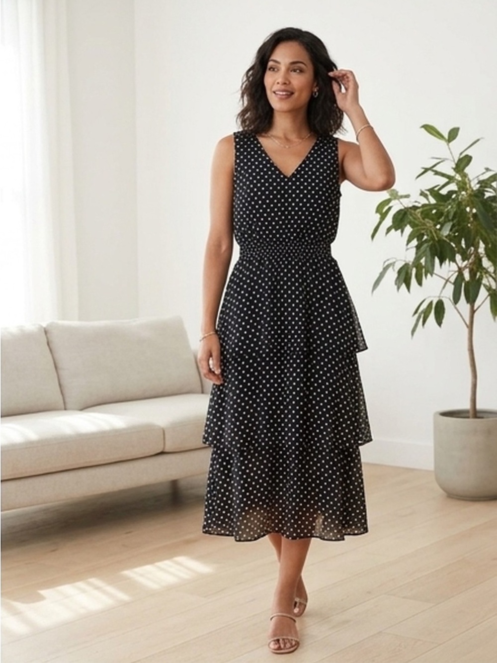 Enfocus Studio Black & White Polka Dot Tiered Midi Dress Size 4